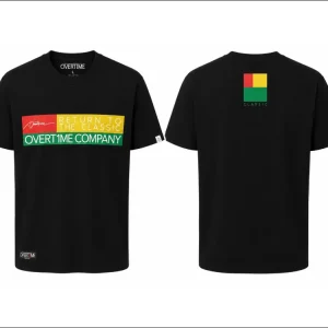 Camiseta negra con diseño en bloques rojo, amarillo y verde de Overtime Co.